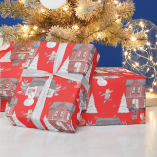 Christmas House, Snowman and Christmas Tree Red  Wrapping Paper