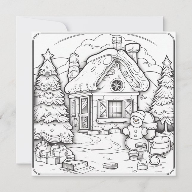 Christmas House Snowman Kids Colouring Christmas Holiday Card (Front)