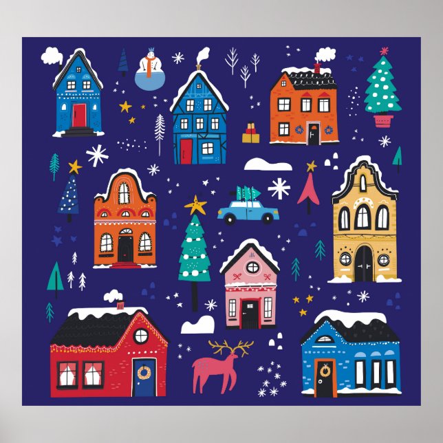 Christmas Houses: Flat Vintage Illustration. Poster (Front)