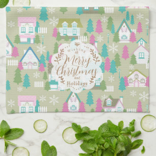 Christmas Houses Green Tea Towel