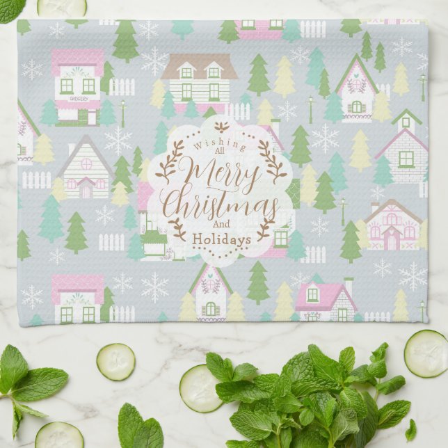 Christmas Houses Grey  Tea Towel (Folded)