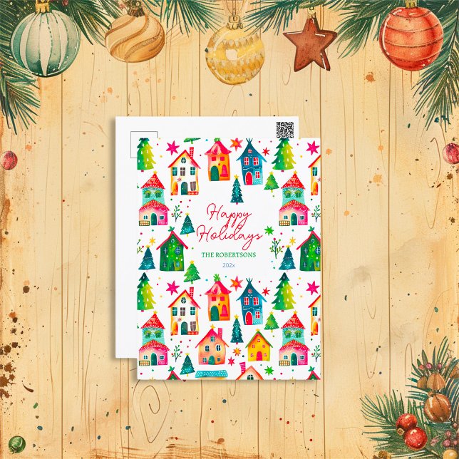 Christmas Houses Happy Holidays Holiday Postcard (Cute Christmas Houses ("Happy Holidays") postcard)