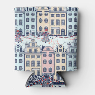 Christmas houses, vintage festive pattern. can cooler