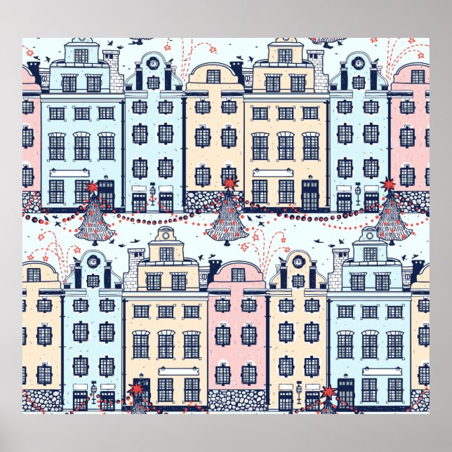 Christmas houses, vintage festive pattern. poster (Front)