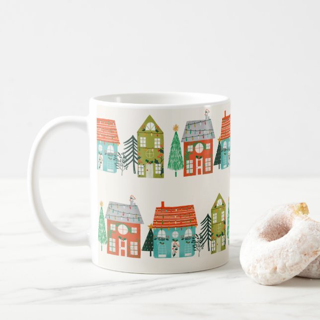 Christmas Houses White Coffee Mug (With Donut)