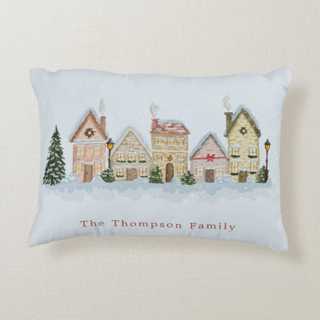 Christmas Houses Winter Street Scene Festive Blue Decorative Cushion (Back)