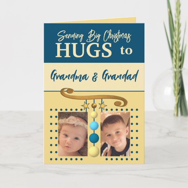 Christmas hugs for Grandparents blue and gold Holiday Card (Front)