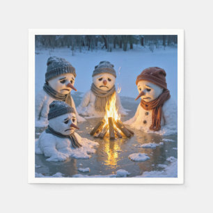 Christmas Humor Snowmen Melting Around a Campfire Napkin