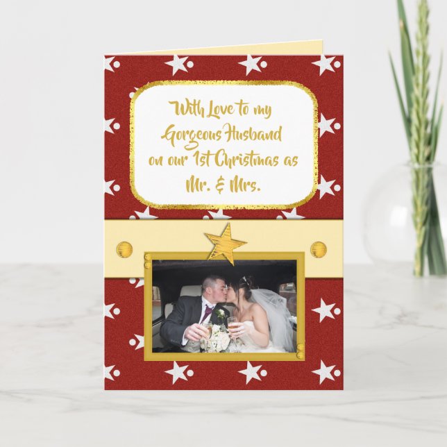 Christmas Husband red with stars and photo Holiday Card (Front)
