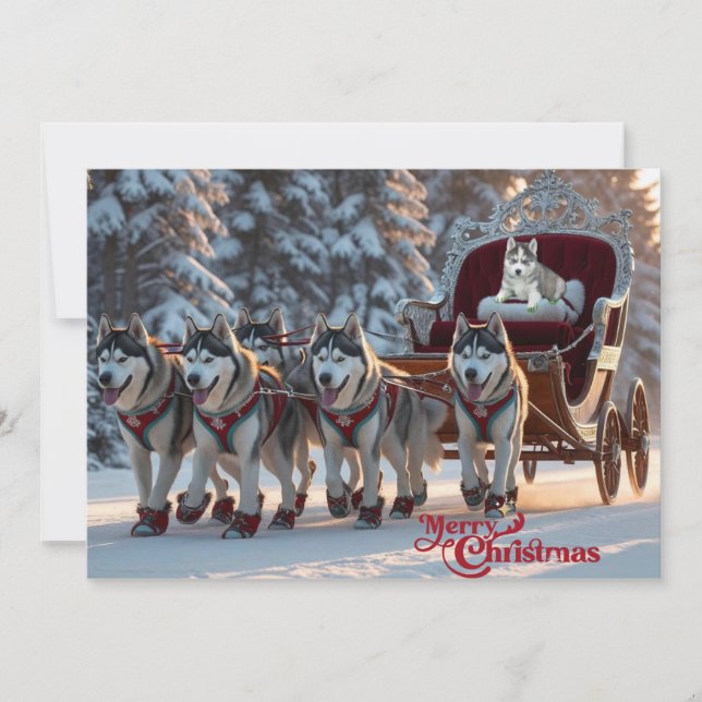 Christmas Huskies Pulling Sleigh Personalised Holiday Card (Front)