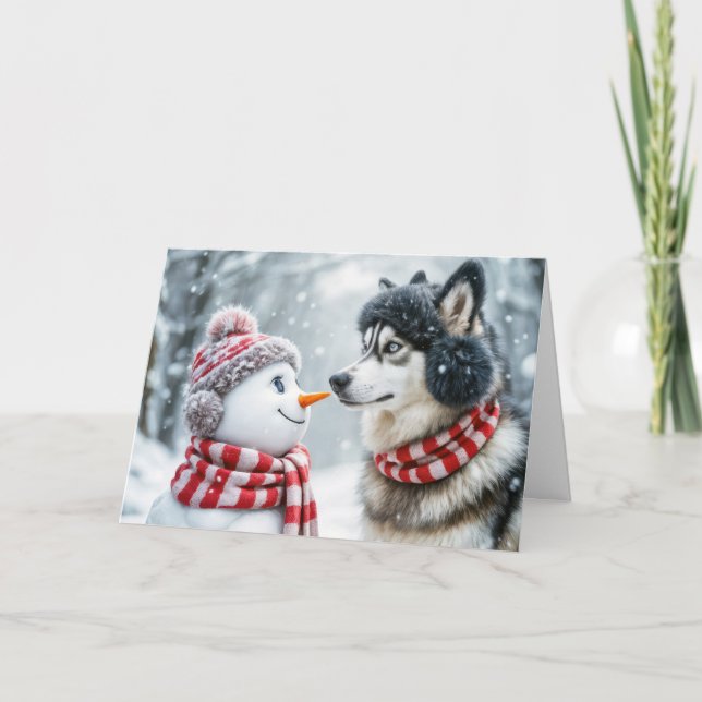 Christmas Husky Dog and Snowman Friends Holiday Card (Front)