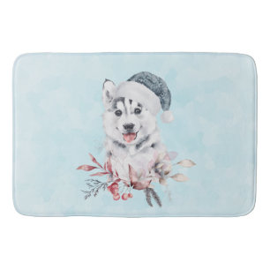 Christmas Husky Dog in a Santa Hat Bath Mat