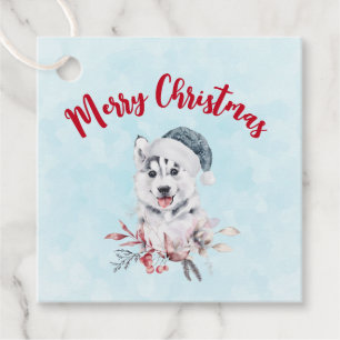 Christmas Husky Dog in a Santa Hat Favour Tags