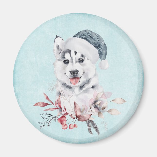 Christmas Husky Dog in a Santa Hat Magnet (Front)