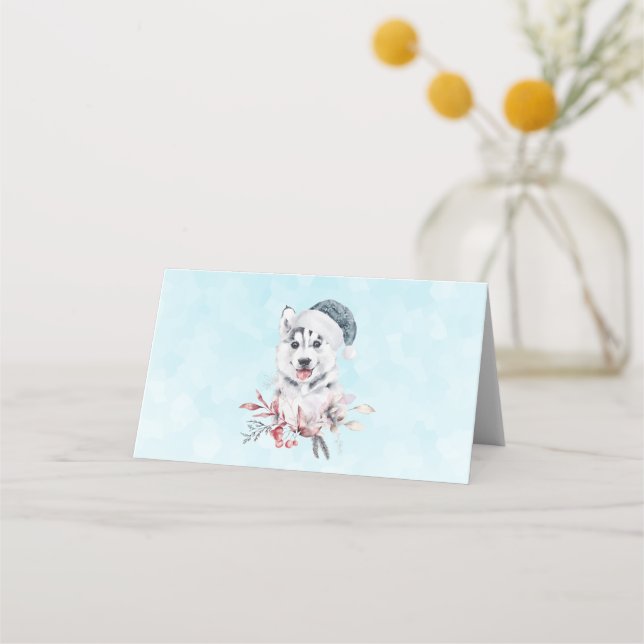 Christmas Husky Dog in a Santa Hat Place Card (Front)