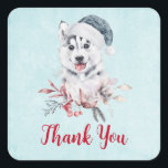 Christmas Husky Dog in a Santa Hat Thank You Square Sticker<br><div class="desc">Thank you stickers with a whimsical and cute watercolor painting of a husky dog wearing a blue Santa hat.</div>