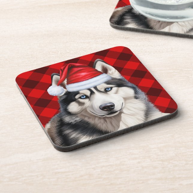 Christmas Husky Dog Red Buffalo Plaid Holiday Coaster (Left Side)