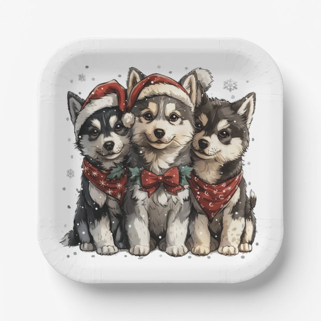 Christmas Husky Dogs Paper Plate (Front)