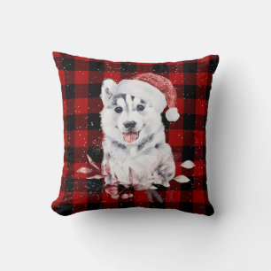 Christmas Husky On Buffalo Plaid   Cushion