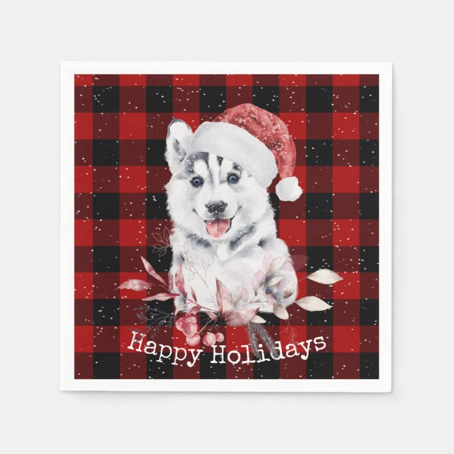 Christmas Husky On Buffalo Plaid Napkins (Front)
