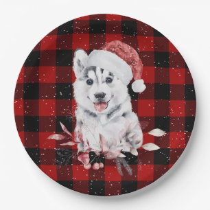 Christmas Husky On Buffalo Plaid  Paper Plate