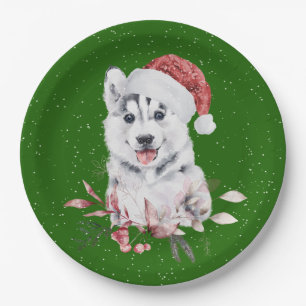 Christmas Husky On Green Paper Plate