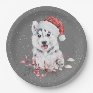 Christmas Husky On Grey  Paper Plate