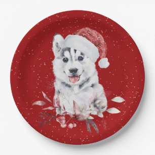 Christmas Husky On Red Paper Plate