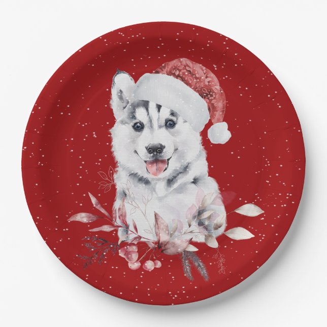 Christmas Husky On Red Paper Plate (Front)