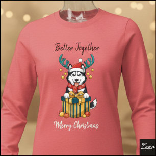 Christmas Husky Reindeer Scarf Gift Graphic Tri-Blend Shirt