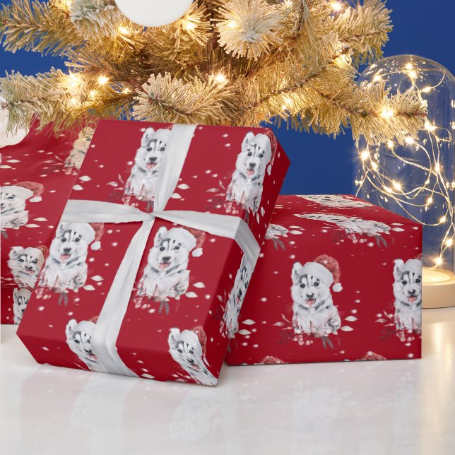 Christmas Husky With Santa Hat Wrapping Paper (Holidays)