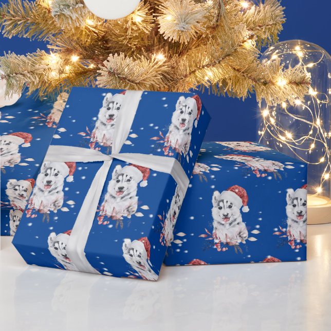 Christmas Husky With Santa Hat Wrapping Paper (Holidays)