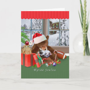 Christmas, Hyvää Joulua, Finnish, Cat, Teddy Bear Holiday Card