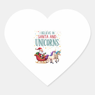 Christmas I Believe In Santa And Unicorns Funny Xm Heart Sticker