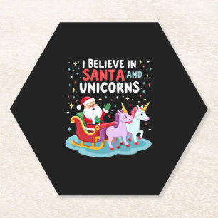 Christmas I Believe In Santa And Unicorns Funny Xm Paper Coaster