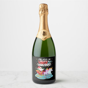Christmas I Believe In Santa And Unicorns Funny Xm Sparkling Wine Label