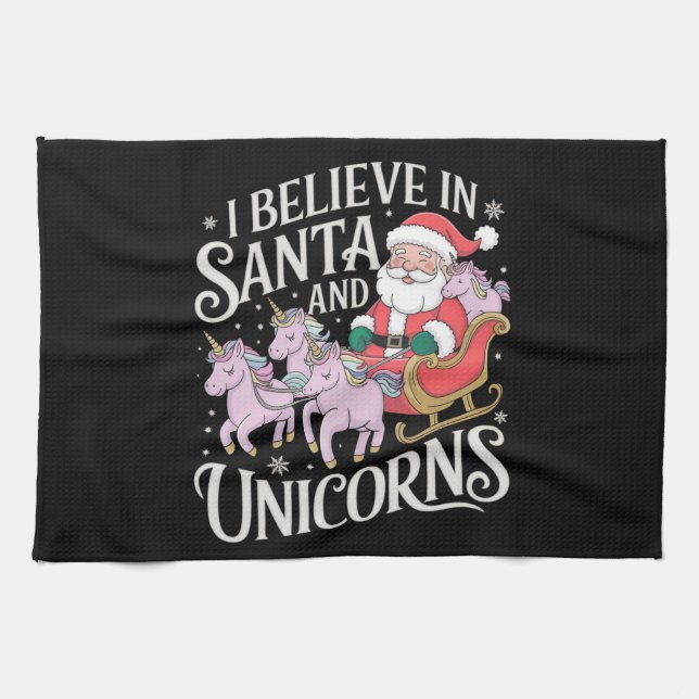Christmas I Believe In Santa And Unicorns Xmas Tea Towel (Horizontal)