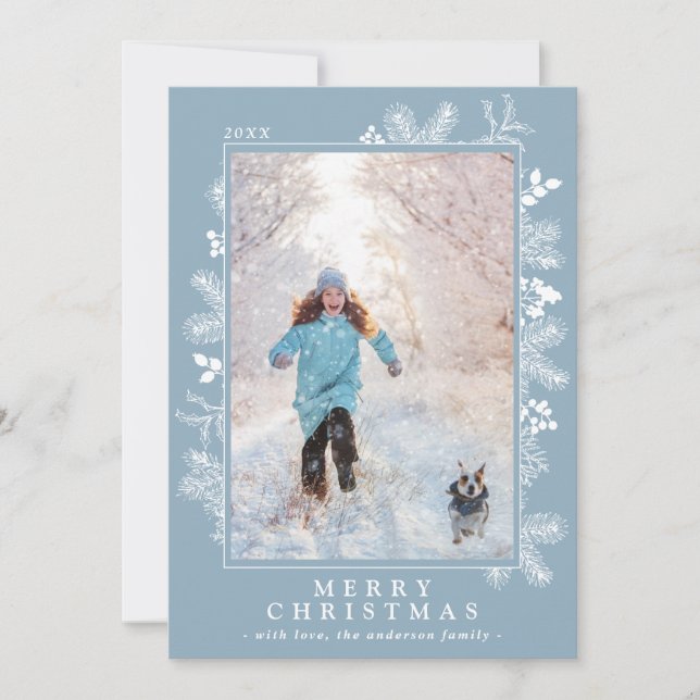 Christmas Ice Blue and White Botanical | Photo Holiday Card (Front)