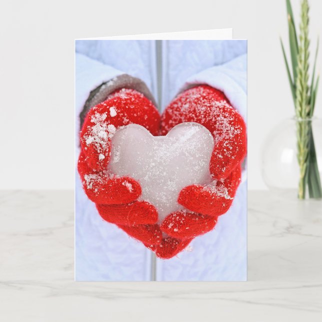 Christmas ice heart in red gloves holiday card (Front)
