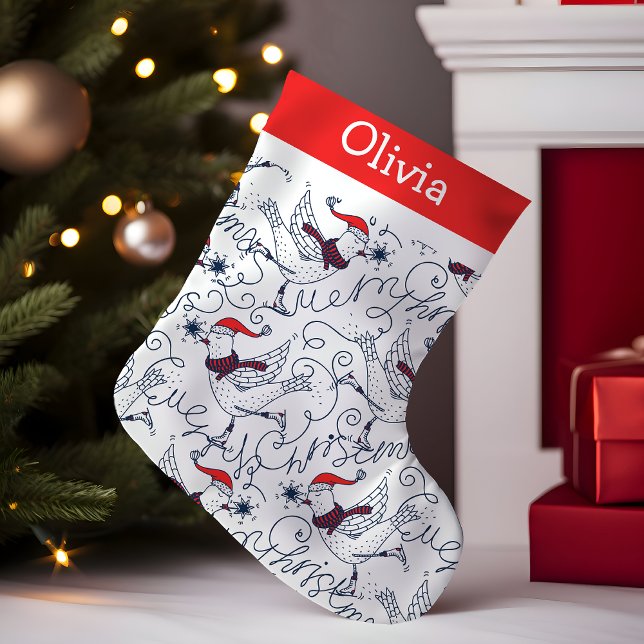 Christmas Ice Skating Birds Monogram Small Christmas Stocking (Creator Uploaded)