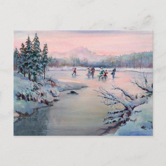 CHRISTMAS ICE SKATING by SHARON SHARPE Holiday Postcard (Front)