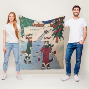Christmas Ice Skating Cats Fleece Blanket