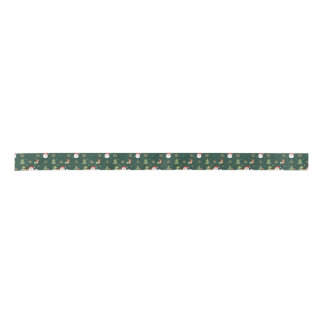 Christmas Icon Pattern Ribbon on Forest Green Satin Ribbon