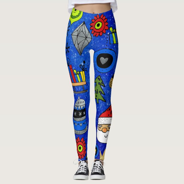 Christmas Icons Fun Festive Colourful Blue Leggings (Front)