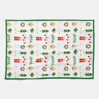 Christmas icons pattern in festive grid tea towel