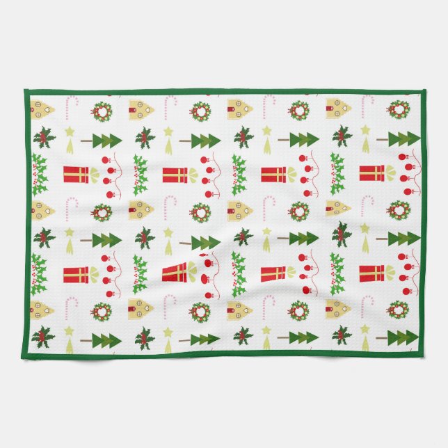 Christmas icons pattern in festive grid tea towel (Horizontal)