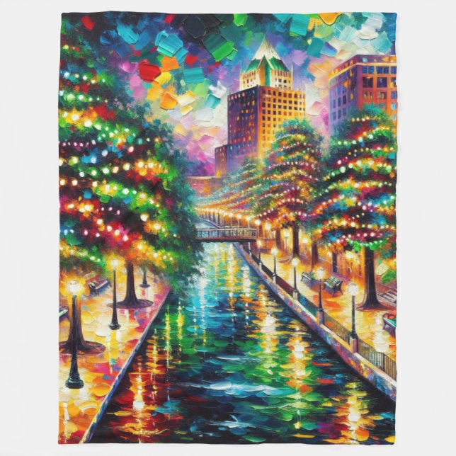 "Christmas Illumination: San Antonio Riverwalk" Fleece Blanket (Front)