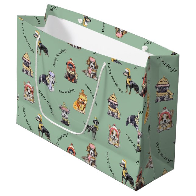 Christmas Illustrated Cute Dogs Pattern Holiday  Large Gift Bag (Front Angled)