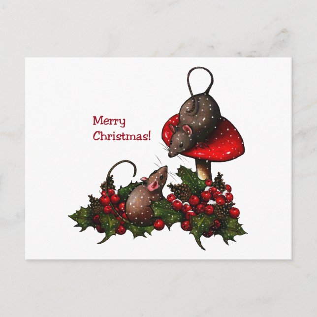 Christmas Illustration: Mice, Toadstool, Holly, Holiday Postcard (Front)