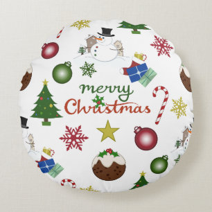 Christmas Illustration Mix Lg Pattern Round Cushion